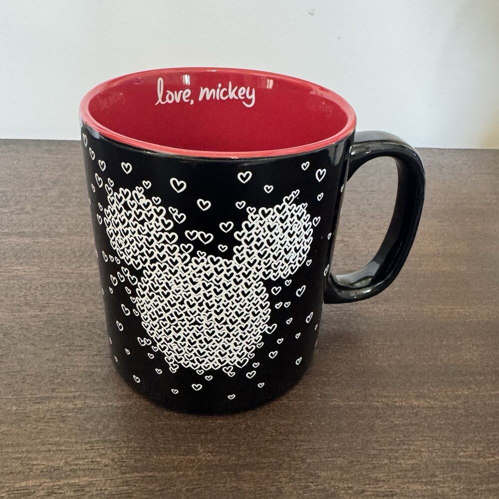 Disney Love Mickey Mouse Coffee Mug Black Tea Cup Valentine's Hearts Red Inside